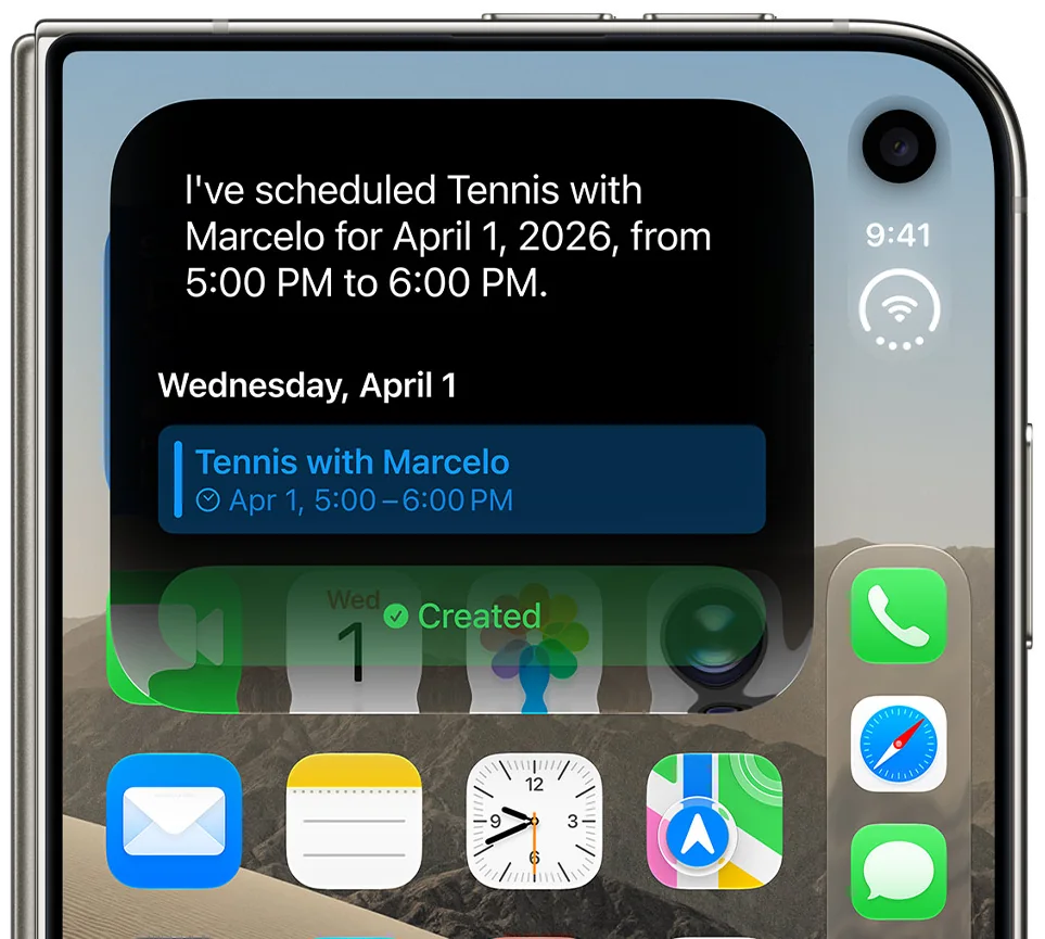 iPhone Duo com o iOS 27 na tela, exibindo uma resposta da Siri sobre um compromisso da agenda
