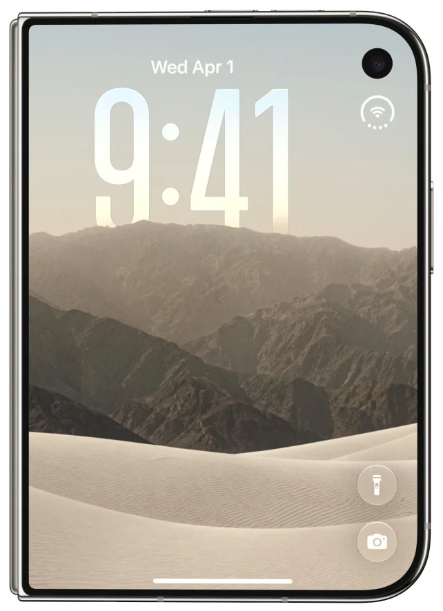 iPhone Duo fechado, mostrando a tela externa de 5,4 polegadas com a Tela de Bloqueio